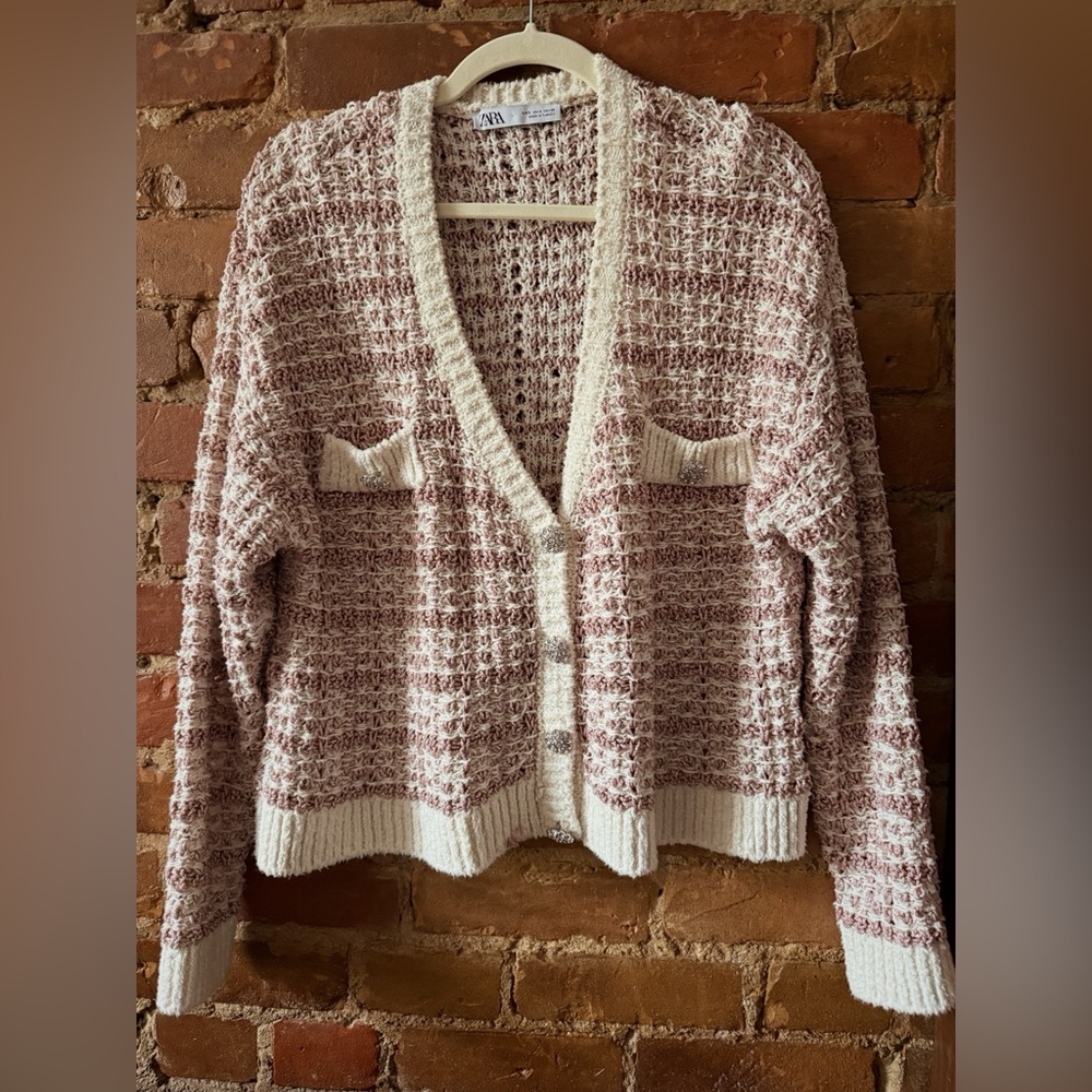 Zara Pink and Cream Women's Cardigan